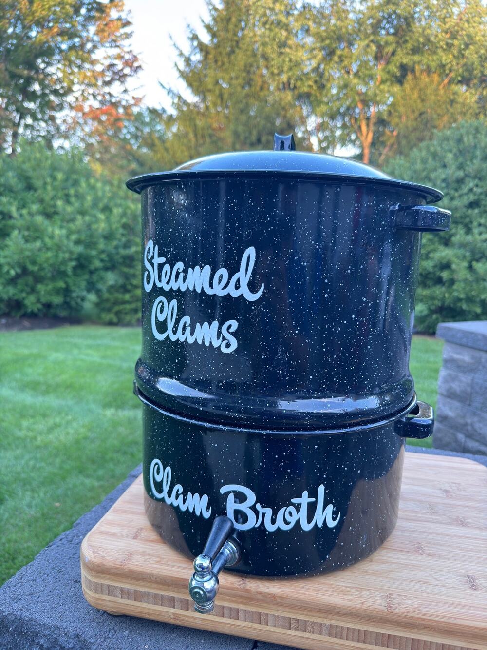 Speckled Enamel Black Double Steam Pot 16” Lobster Clam Broth Spigot - 3 Pc Set